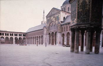 <p>Mosque of Damascus, Damascus, 8th century, Umayyad</p><p>- First a Roman Temple, then a Christian Church, then finally a Mosque</p><p>- Double Arches in Interior: makes ceilings higher (Similar method used @ Cordoba)</p><p>- Byzantine mosaics on the Courtyard facade show scenes of paradise (afterlife is paradise)</p><p>- Perpendicular Nave</p>