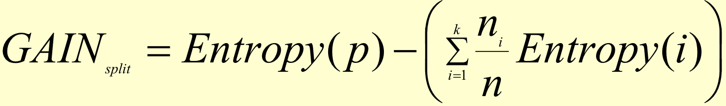 <p>entropy of parent - entropy of children</p><ul><li><p>k-way split → k child nodes</p></li><li><p>sum child entropies weighted by relative freq (weighted avg)</p></li></ul><p></p>