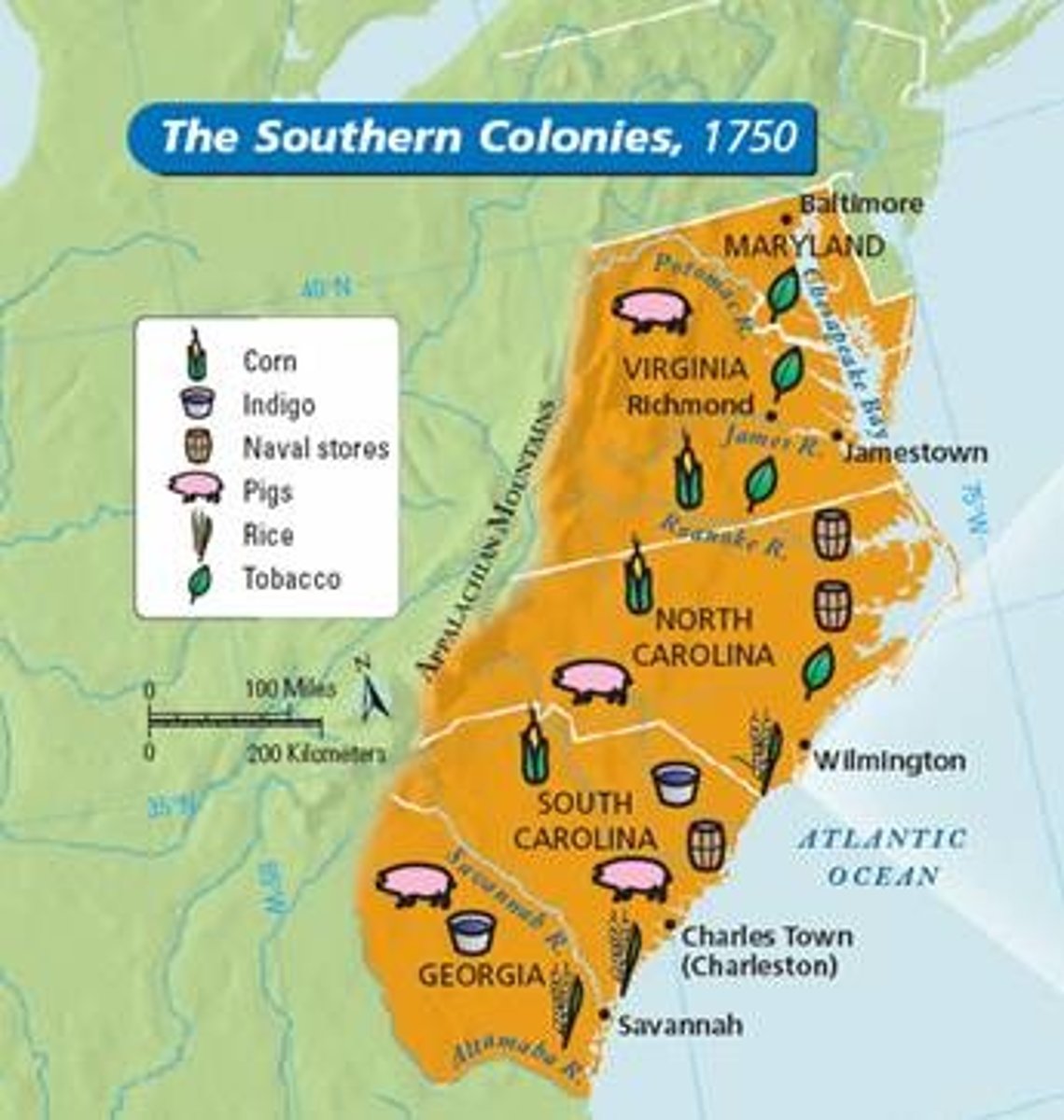 <p>tobacco, cotton, rice, indigo, lumber, furs, and farm products</p>
