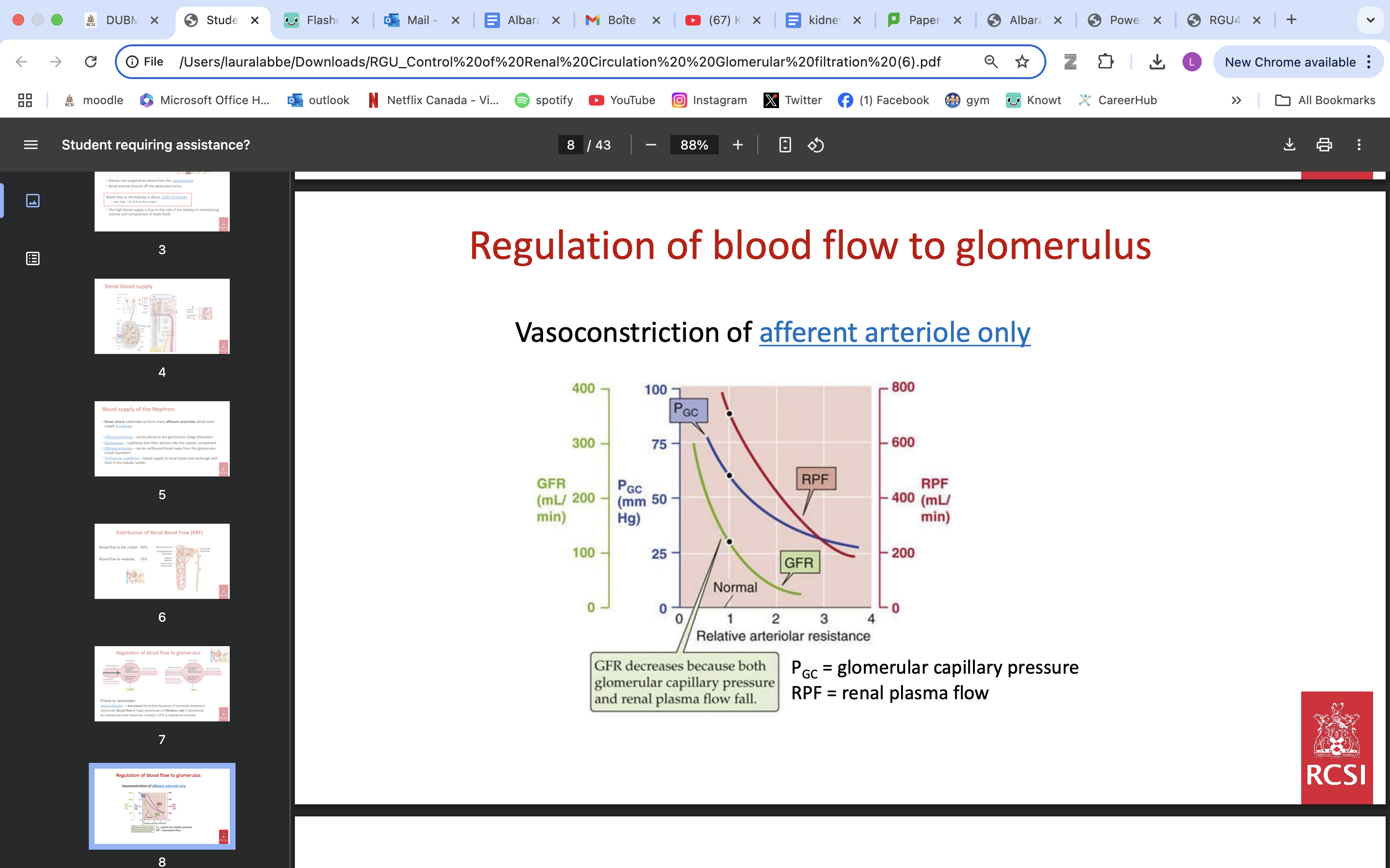 <p>vasoconstriction → decreased blood flow (because of increased resistance) </p><p></p><p>Glomerular blood flow is major determinant of filtration rate in glomerulus </p><p></p><p>By maintaining renal blood flow constant, GFR is maintained constant</p><p></p><p>VIA AFFERENT ARTERIOLES VASOCONSTRICTION</p>