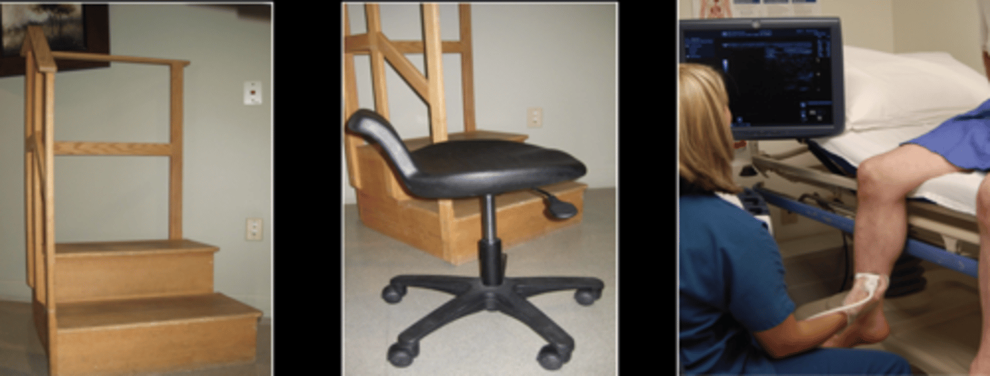 <p>Standing/gravity dependent but NOT weight bearing</p><p>Reverse Trendelenburg if cannot stand</p><p>Complete symptomatic thigh or calf first</p><p>GSV - knee rotated outward</p><p>SSV - back facing sonographer</p>