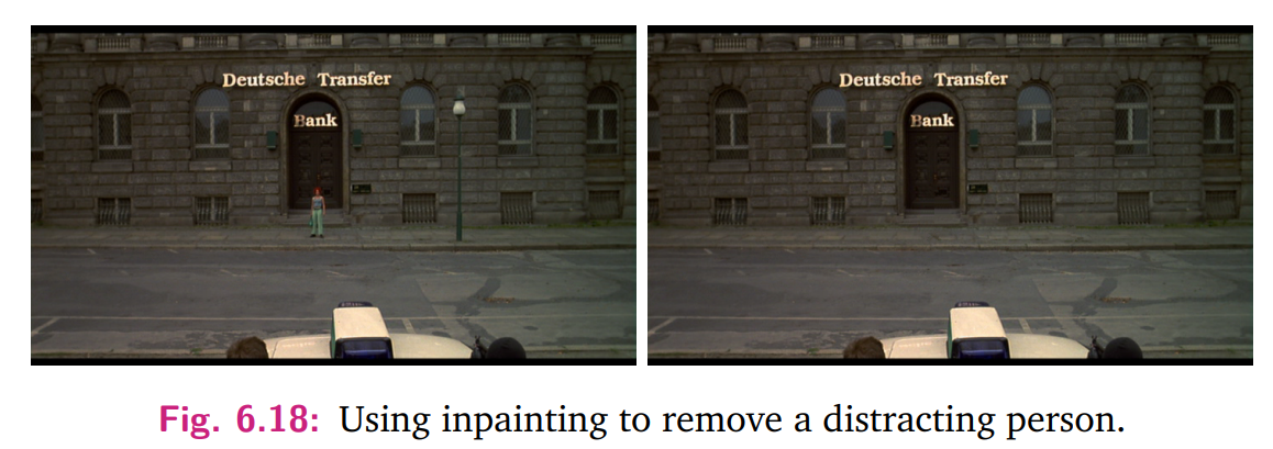 <p>1. <strong>Object Removal</strong>: Tools can highlight unwanted objects in an image and replace them with synthesized pixels (Fig. 6.18).  </p><p>2. <strong>Film Restoration</strong>: Damaged or missing regions in old films can be reconstructed.  </p><p>3. <strong>Creative Edits</strong>: Used in modern photo editing to enhance or alter images.</p>