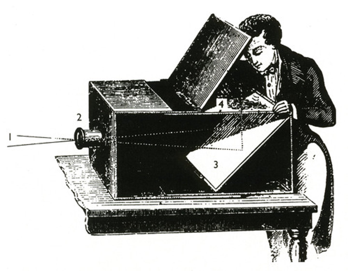 <p>a darkened box with a convex lens or aperture for projecting the image of an external object onto a screen inside. It is important historically in the development of photography.</p>