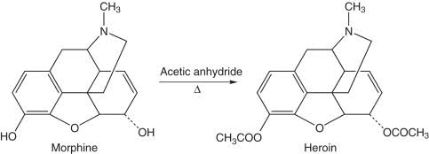 <ul><li><p><strong>DIACETYLMORPHINE</strong></p></li><li><p><strong>The two hydroxyl (OH) groups found on the morphine molecule are replaced by acetyl groups (COCH3).</strong></p></li></ul>