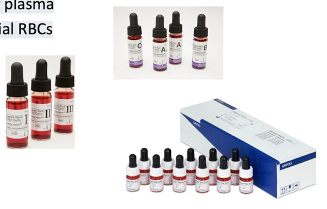 <ul><li><p>contain known Ags to confirm the presence of Abs<u> in patient serum or plasma</u> </p></li><li><p>Procedures that use commercial RBCs</p><ul><li><p>ABO serum testing </p></li><li><p>Screening tests </p></li><li><p>Antibody identification</p></li></ul></li></ul><p></p>