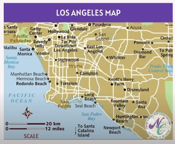<p>According to the map of Los Angeles, California, what is the distance in kilometers between Torrance and Compton?</p>