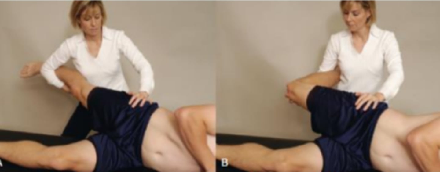 <p>- femoral nerve; sidelying slump test</p><p>procedure:</p><p>- The patient lies on the unaffected side with the unaffected limb flexed slightly at the hip and knee. The examiner grasps the patient's affected or painful limb and extends the knee while gently extending the hip approximately 15°. The patient's knee is then flexed on the affected side; this movement further stretches the femoral nerve</p><p>(+): pain anterior thigh</p>