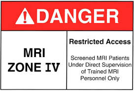 <p>Zone 4: <strong>Magnet Room</strong></p><p><strong>Authorised access only</strong></p><p>The scan room door is <strong>always locked</strong> when unattended</p><p><strong>Metal is removed</strong></p><p><strong>Danger signs</strong></p><p>When the scan room door is opened, the MRI Safety barrier must be implemented at all times by MRI personnel</p><p><strong>Forms for safety and consent</strong></p>