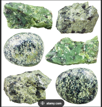 <p>Metamorphic </p><p>-comes from mafic/ultramafic rocks </p><p>-chemical, mid-ocean ridges </p><p>-smooth and waxy </p><p>-green (but not all the way thro)</p><p>-Mottled pattern </p><p>-Smooth and Waxy</p><p>-Moderately hard 35</p>