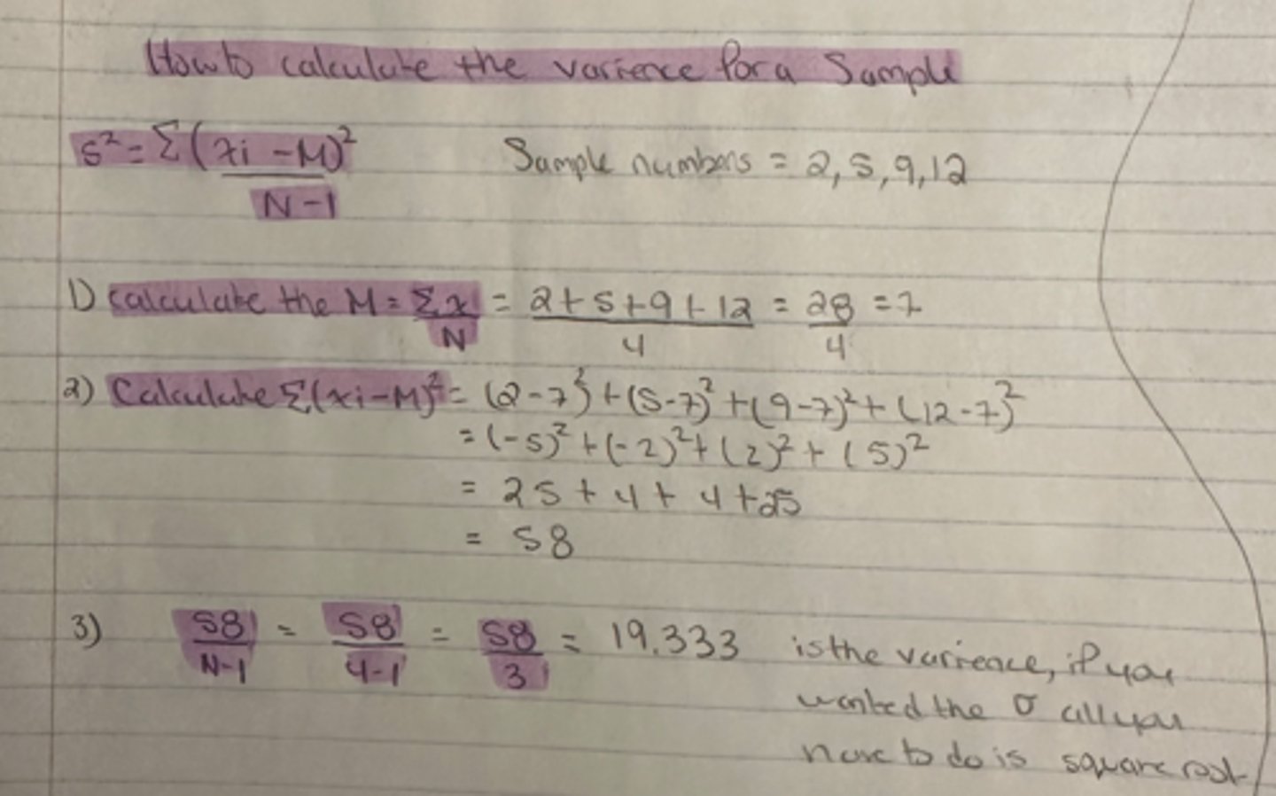 <p>sample variance = 19.333</p>