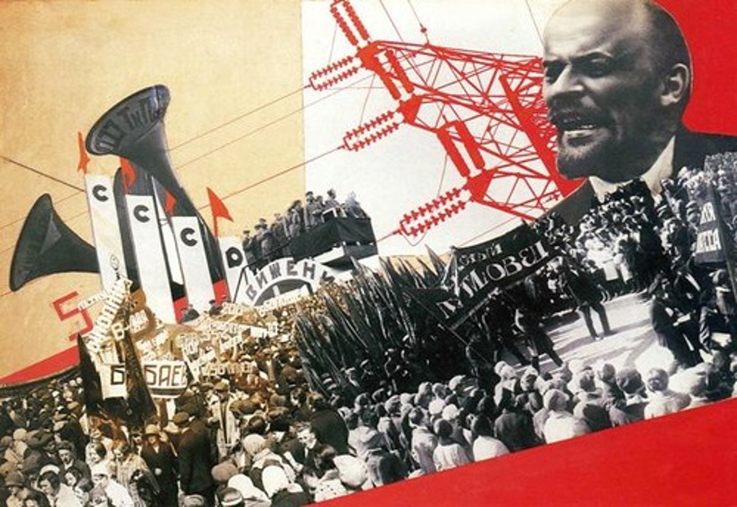 <p>1932. Varvara Stepanova. Photomontage. Constructivism.<br>Political cause (propagaonda)<br>Five-year plan (1928_ was to increase industrial and agricultural production.<br>Focuses on growth of industry (like electricity)<br>large , prosperous populations<br>CCCP: society union<br>Red: CCP &amp; communism<br>Propaganda = evident, Lenin (though deceased) was depicted to inspire patriotism<br>Completely abstract, often abstract titels.<br>Negative spaceis white, rectangular= black.<br>Use of color is unmixed/undiluted/primary (rgb)<br>No diagonals, parallel / perpendicular lines</p>