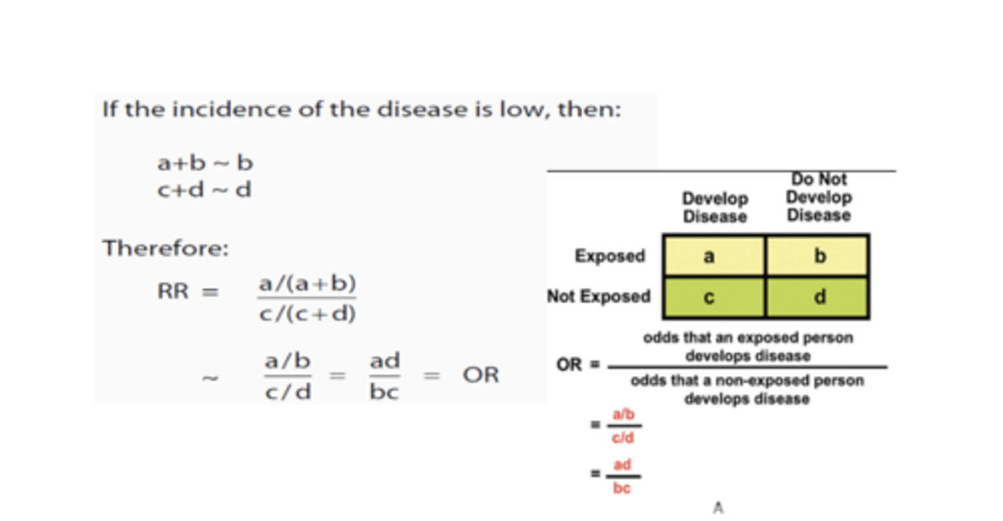 <p>If incidence for the disease is low, then:</p><p>a+b ~ b</p><p>c+d ~ d</p>