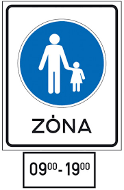Legfeljebb 20 km/h sebességgel, de csak a kiegészítő táblán jelzett időszakon kívül, célforgalomban.