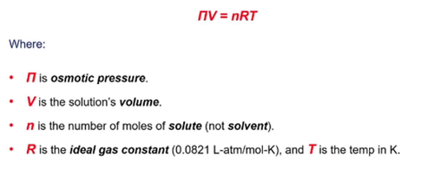 <p>the pressure that would have to be applied to a pure solvent to prevent it from passing into a given solution by osmosis, often used to express the concentration of the solution.</p>