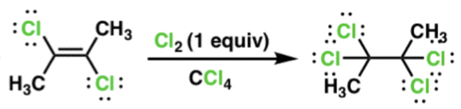 <p>Cl2 or Br2<br>1st addition results in trans alkene (anti addition), second addition results in a product with 4 halogens<br></p>