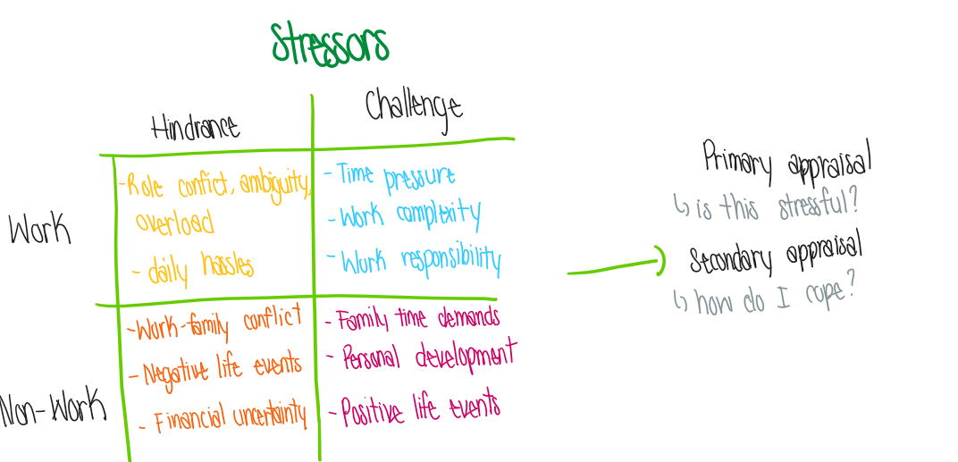 <p>Things experienced at work &amp; out of work that cause stress!</p><ul><li><p>Hindrance stressors in work &amp; out of work</p></li></ul><ul><li><p>Challenge stressors in work &amp; out of work</p></li></ul><p></p>