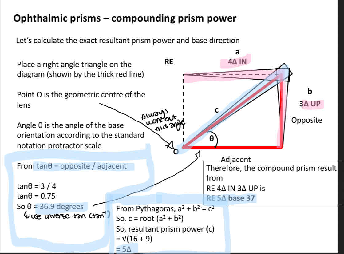 <p>Use pythagorus to get the resultant prism power</p><p>Use soh cah toa to get base orientation</p>