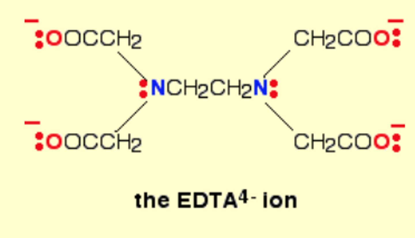 <p>EDTA4-</p><p>Has 6 atoms that can each donate 1 lone pair to the central metal ion</p><p>Can form 6 coordinate bonds with a metal ion</p>