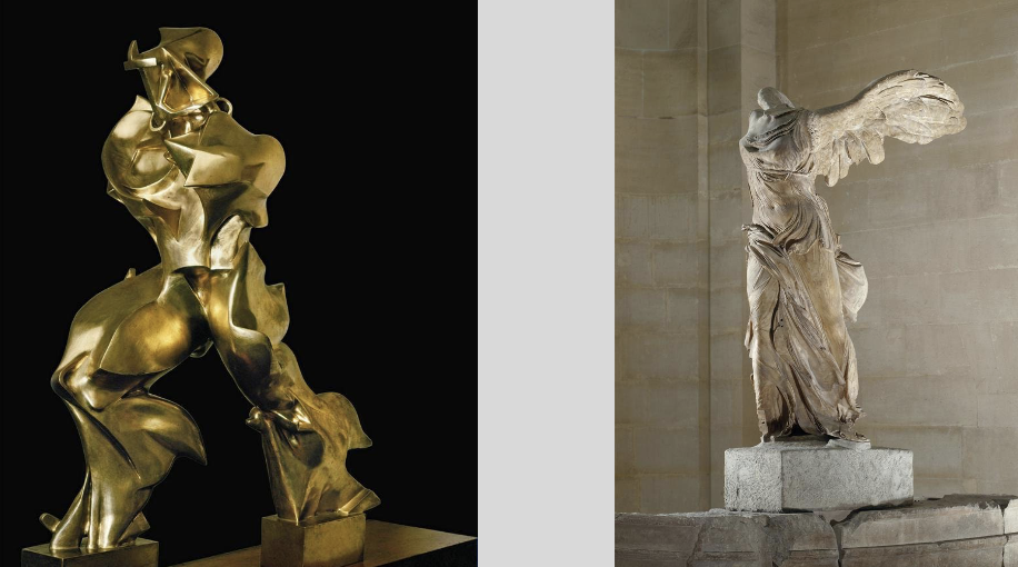 <p>Boccioni</p><p>Bronze</p><p>1913</p><ul><li><p>compare with Nike of Samothrace (BC 190)</p></li><li><p>considered the peak of futurism</p></li></ul><p></p>