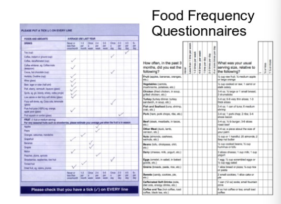 <p><strong>Frequency questionnaires </strong></p><ul><li><p>Pt&nbsp;<em>ticks off</em>&nbsp;foods on a list that they have eaten each day.</p></li><li><p>Foods often left out of the lists.</p></li></ul><p><strong>Food diary</strong></p><ul><li><p>Pt&nbsp;journalises their intake.</p></li></ul><p></p>