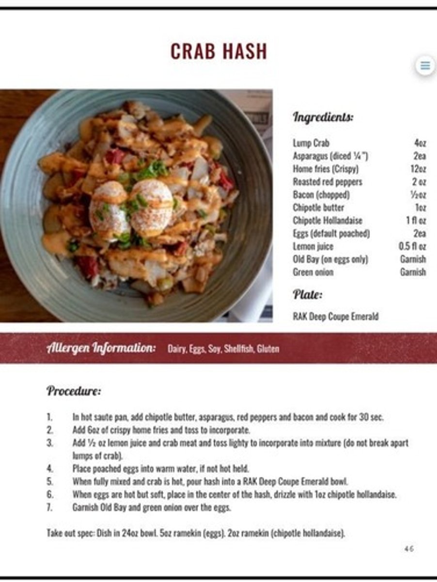 <p>choice of egg/lump crabmeat/home fries/bacon/asparagus/roasted red pepper/chipotle hollandaise/Old Bay 24.95</p>