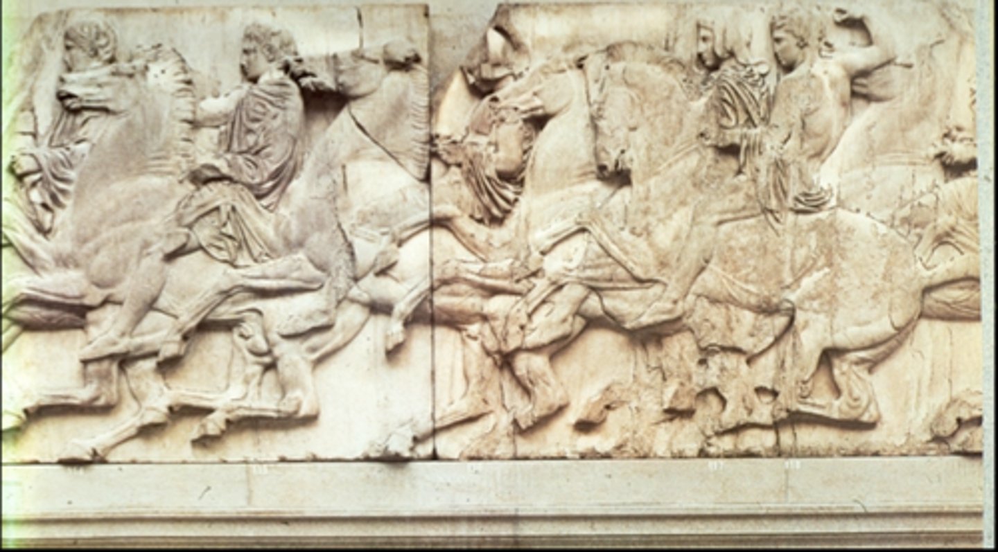 <p>a. Low relief sculpture</p><p>b. Had lots of sculptures about the Greeks fighting in battles</p><p>c. Used to represent Triumphs of Athens and greeks</p>