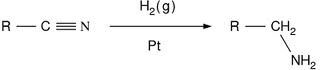 nitrile+hydrogen-> alkyl amine (eg. butane nitrile+hydrogen-> butyl amine)