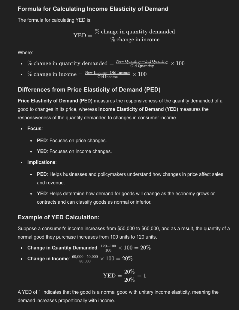 <p><span style="color: yellow">What is the income elasticity of demand and how does it differ from the price elasticity of demand? What is the formula for calculating it?</span></p>