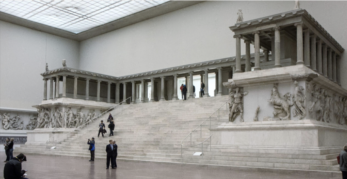 <ul><li><p>Hellenistic Greek</p></li><li><p>Pergamon</p></li><li><p>where you would butcher an animal, eat the meat, and burn its remains for the God</p></li><li><p>direct connection to the divine</p></li><li><p>God defeats giants&nbsp;</p></li><li><p>Giagntomachy frieze</p></li><li><p>emotional&nbsp;</p></li><li><p>dramatic figures&nbsp;</p></li></ul><p></p>
