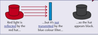 <p>object would appear black as all light reflected would be absorbed by filter</p>