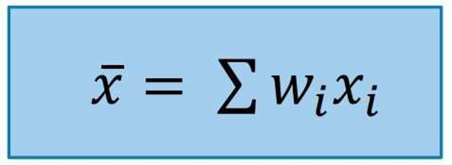 <p>The weighted mean for the sample is computed as: Σ(wi * xi) where Σwi = 1.</p>