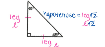 <p>An isosceles triangle</p><ul><li><p>two legs are ≅</p></li><li><p>The hypotenuse is always the leg multiplied by √2</p></li></ul><p></p>