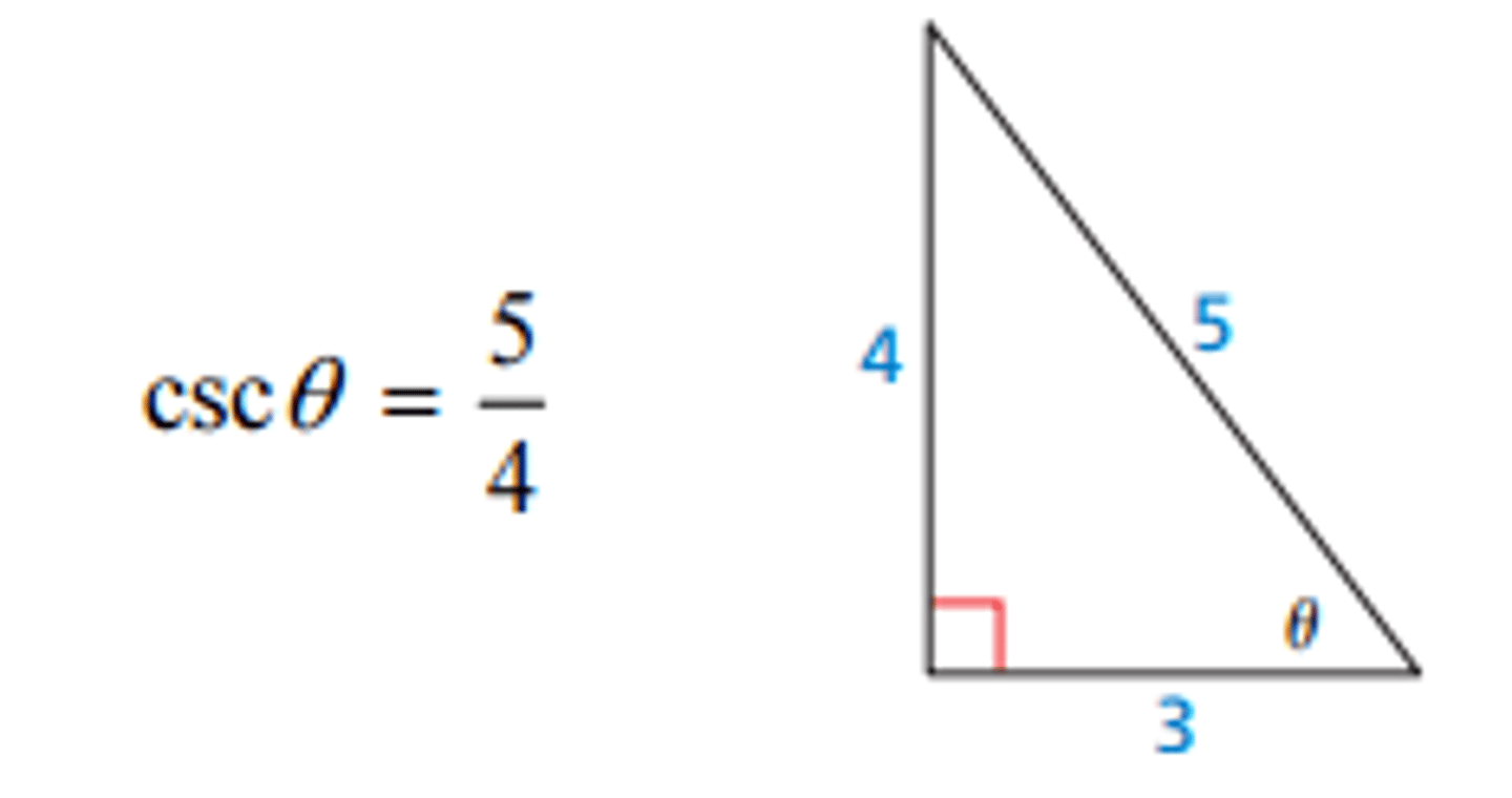 <p>A trigonometric function for an acute angle θ of a right triangle, denoted by cscθ= hypotenuse/opposite</p>