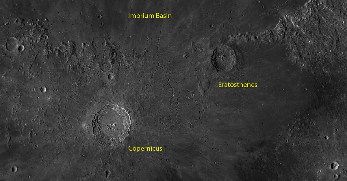 <p><span>Examine this photograph of the nearside of the Moon. What shows that the crater Copernicus is younger than Eratosthenes? (Select all that apply)</span></p><p><span>A. </span>Big impact craters are younger than small ones.</p><p><span>B. </span>It has fresh rays of impact ejecta radiating from it.</p><p><span>C. </span>The rays of Copernicus cross over Eratosthenes crater.</p><p><span>D. </span>Copernicus is a much more degraded impact crater.</p>