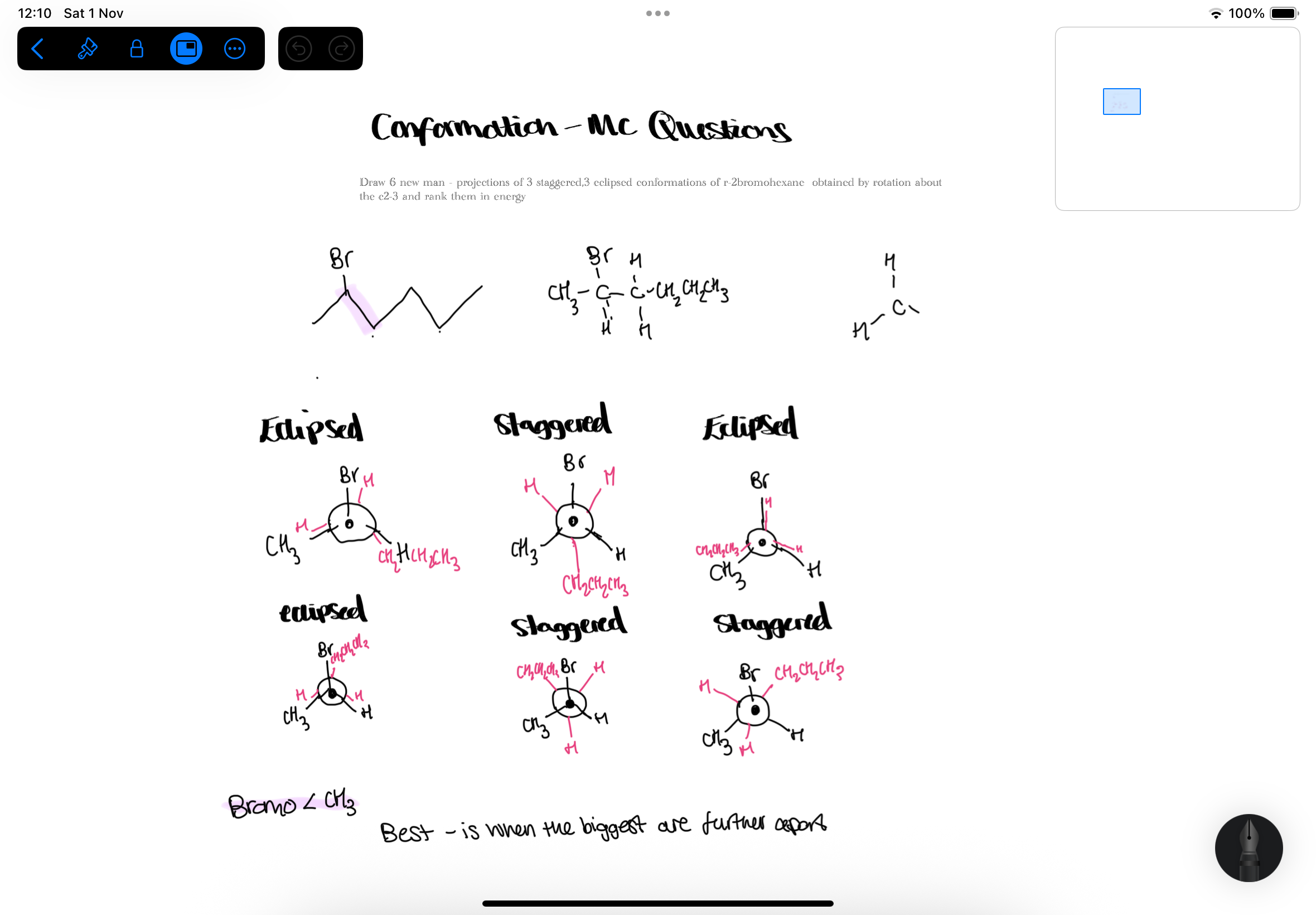 <p>when substituents are hydrogens - general rules:</p><p><span><span>-Staggered conformations always have lower energies</span></span></p><p style="text-align: left;"><span><span>&nbsp;-Repulsion occurs between the electrons in the bonds</span></span></p><p style="text-align: left;"><span><span>-The repulsion is greater when the bonds are aligned (eclipsed conformations) than when there is a larger dihedral angle between the bonds (staggered conformation)</span></span></p><p style="text-align: left;"><span><span>-Each arrangement or conformation has a slightly different energy and stability.</span></span></p><p style="text-align: left;"><span><span>-If there are no other factors the molecule will preferentially sit in the lowest energy staggered conformation.</span></span></p><p style="text-align: left;"></p><p style="text-align: left;"><span><span>when the substituents are larger:</span></span></p><p style="text-align: left;"><span><span>-Steric (size) interactions begin to matter</span></span></p><p style="text-align: left;"><span><span>-Some staggered conformations will be of relatively higher energy (lower stability)</span></span></p><p style="text-align: left;"><span><span>-Some eclipsed conformations will be of relatively lower energy (higher stability)</span></span></p><p></p>