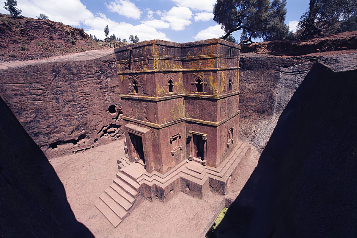 <p>A rock-hewn church in Lalibela, Ethiopia, known for its unique cross-shaped design and spiritual significance. </p>