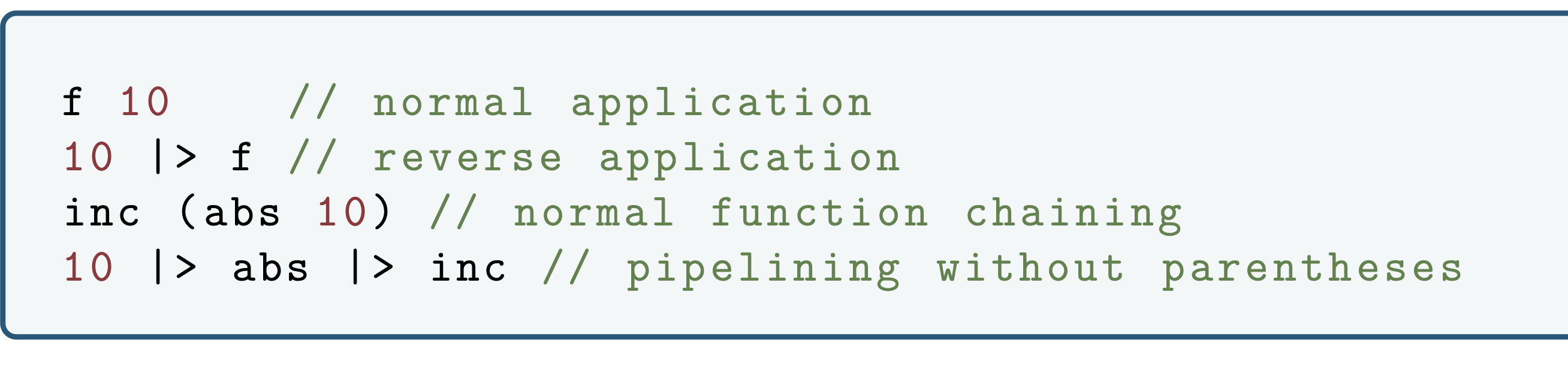 <p><span>We can apply function in a reverse order by using the infix operator (|&gt;). This operator allows function pipelining, which links a sequence of functions in an intuitive manner.</span></p>