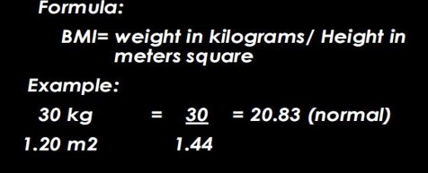 <p>Weight in kg / Height in meter square</p>