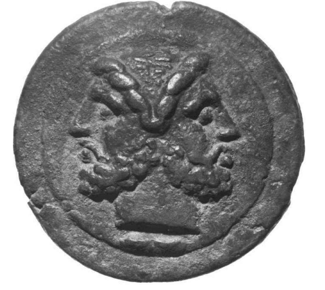 <p>Figure 7.5: Who is the bearded head on the coin associated with gates, doors, and transitions (two-faced in Roman art)?</p>
