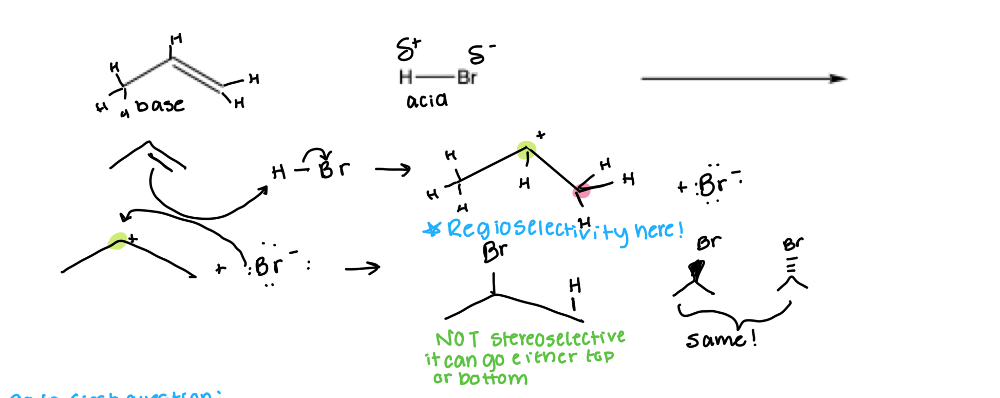 <p>Stereoselectivity: We got a mix… NOT selective: adding to a flat C+</p><p>Regioselectivity: Marks Rule! X on more substituted C… so yes!</p><p>Without drawing the mechanism, draw the major product(s) of the following reaction:</p><p></p><p></p>