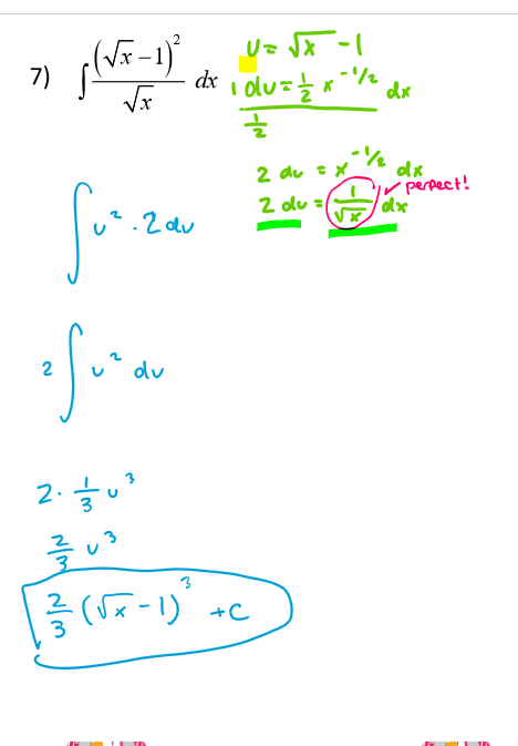 <p>find u</p><p>find the derivative of u (du)</p><p>plug things in</p><p>sub in for u at the end</p><p>add C if its not definite</p><p>if it is definite, use F(b)-F(a)</p>