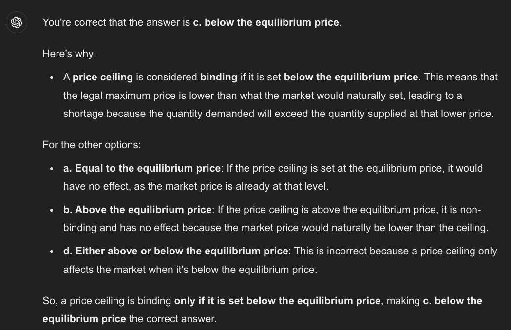 <p><span style="color: red">c. below the equilibrium price.</span></p>