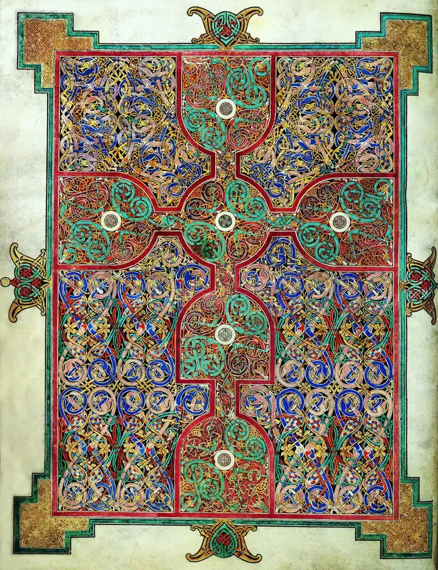 <p> Lindisfarne Gospel, Matthew author portrait and ornamental carpet page, Eadfrith</p><p>(Bishop of Lindisfarne), 8th c, manuscript, Hiberno-Saxon/Insular, Northumbria, England</p>
