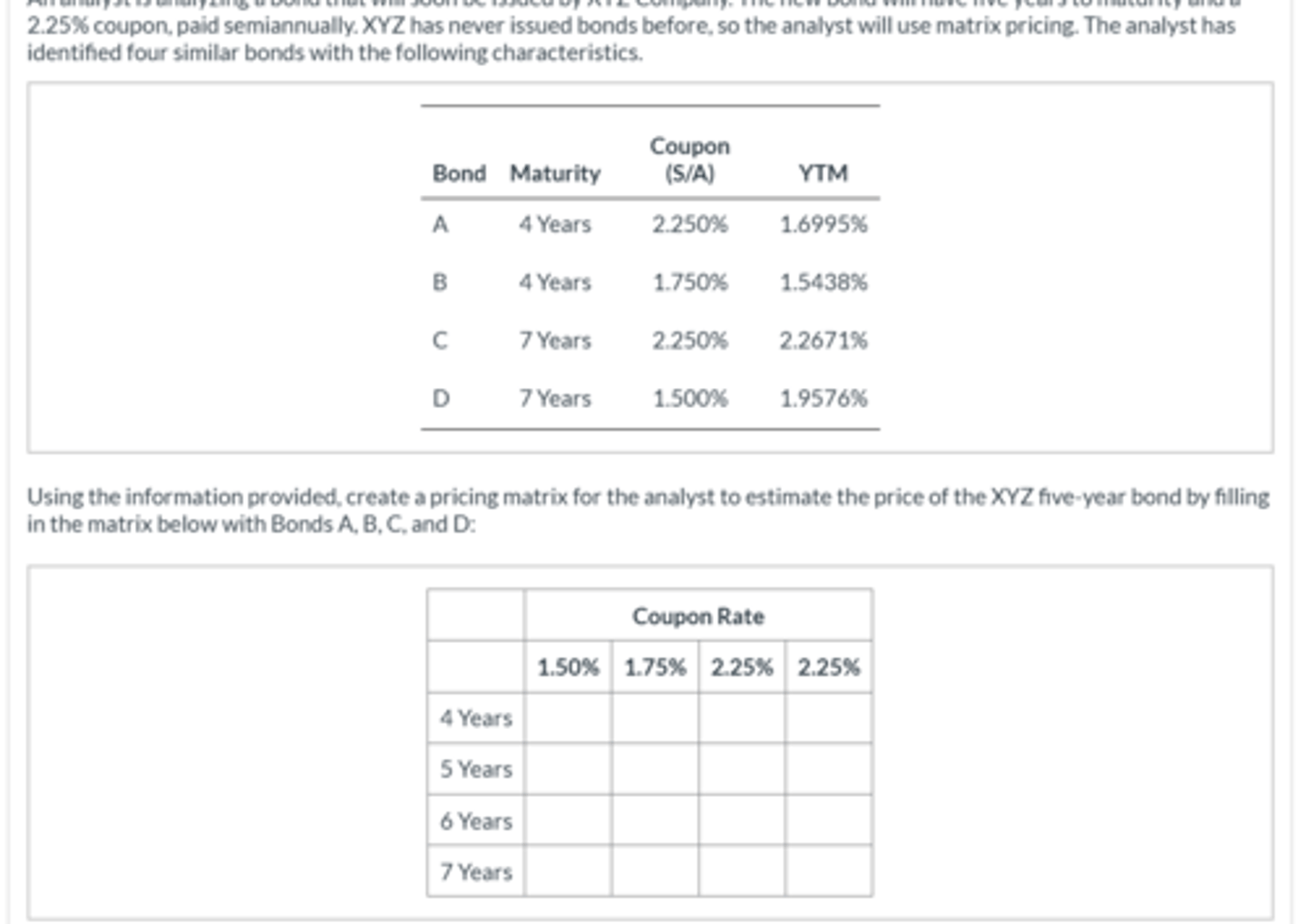 <p>To price the new XYZ bond, the analyst should group yields for comparable bonds in a matrix with maturities and coupon rates.</p><p>Coupon Rate</p><p>1.50%</p><p>4 Years = </p><p>5 Years = </p><p>6 Years = </p><p>7 Years = D</p><p>1.75%</p><p>4 Years = B</p><p>5 Years = </p><p>6 Years = </p><p>7 Years = </p><p>2.25%</p><p>4 Years = </p><p>5 Years =</p><p>6 Years = </p><p>7 Years = C</p><p>2.25%</p><p>4 Years = A</p><p>5 Years = </p><p>6 Years = </p><p>7 Years = </p>