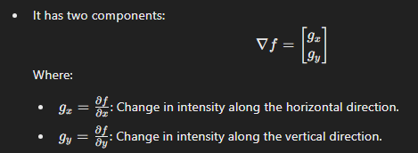 <p>represents the direction and rate of change in pixel intensity<br></p>