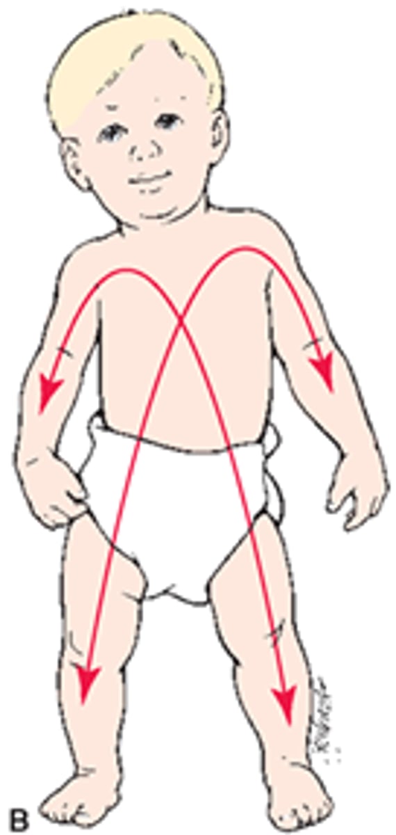 <p>Midline outward development. Ex. Sitting before walking.</p>