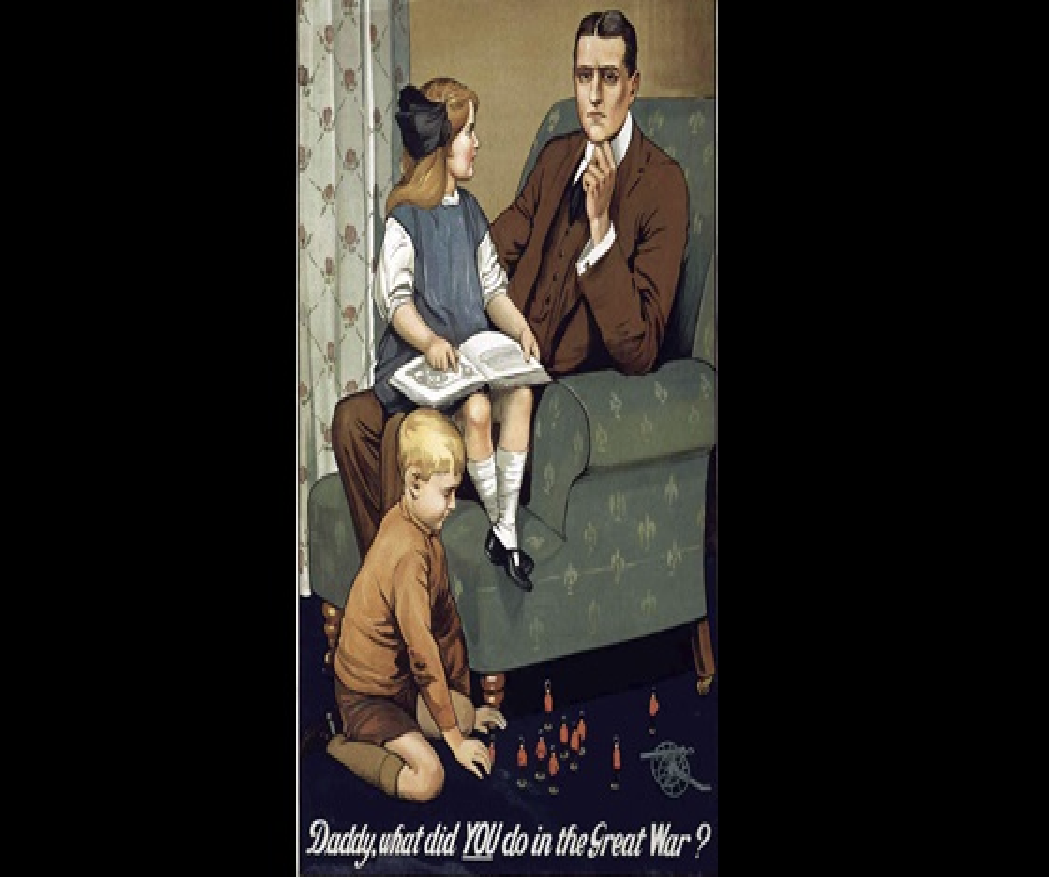 <p><span>Shames men who don’t go to war for not fulfilling their duty to their country, makes them feel ashamed, plays on their conscience that the father should be the role model for the children</span></p><p><span>This father isn’t a role model for his children because he didn’t go to war and the premonition that his son will follow in his footsteps and not do his duty</span></p>
