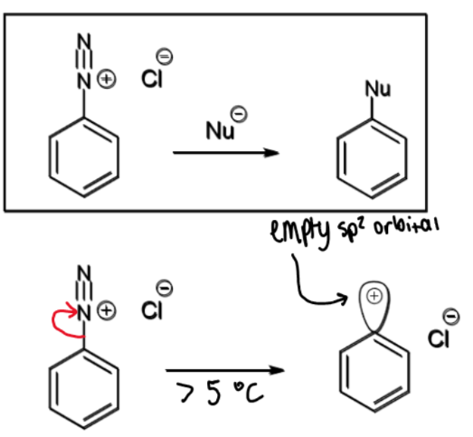 <p>at &gt; <span>5ºC, N<sub>2</sub> leaves which leaves an empty sp<sup>2</sup> orbital which a nucleophile can attack</span></p>