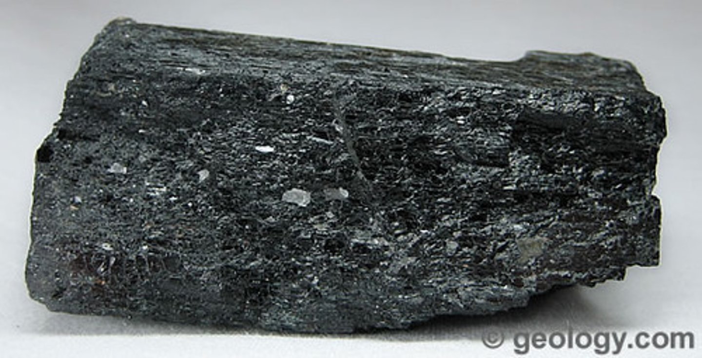 <p>Non Metallic Luster. 5.5 hardness. White to pale green streak. 3.3 SG. Green to black color, opaque, two cleavage directions at 56 and 124. Slender crystals, may be splintery.</p>