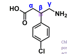 <ul><li><p>synthetic derivative of neurotransmitter GABA</p><ul><li><p>b/c GABA highly polar and cannot be used as drug due to poor absorption, fast elimination and cannot get into brain </p></li><li><p>R-enantiomer</p></li></ul></li><li><p>benzene makes it lipophilic, so can be used as drug </p></li><li><p>chlorobenzene must be at beta position for pharmacologic activity </p><ul><li><p>moving to alpha or gamma loses or weakens </p></li></ul></li></ul><p></p>